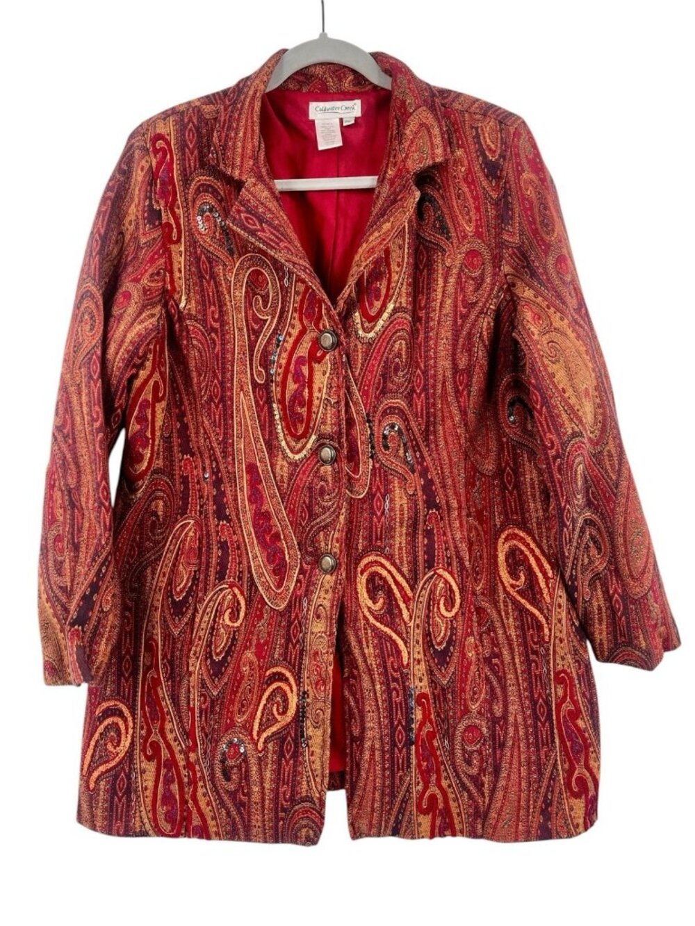 COLDWATER CREEK Women's Red Warm Tone Paisley Textured Coat Petite XL
